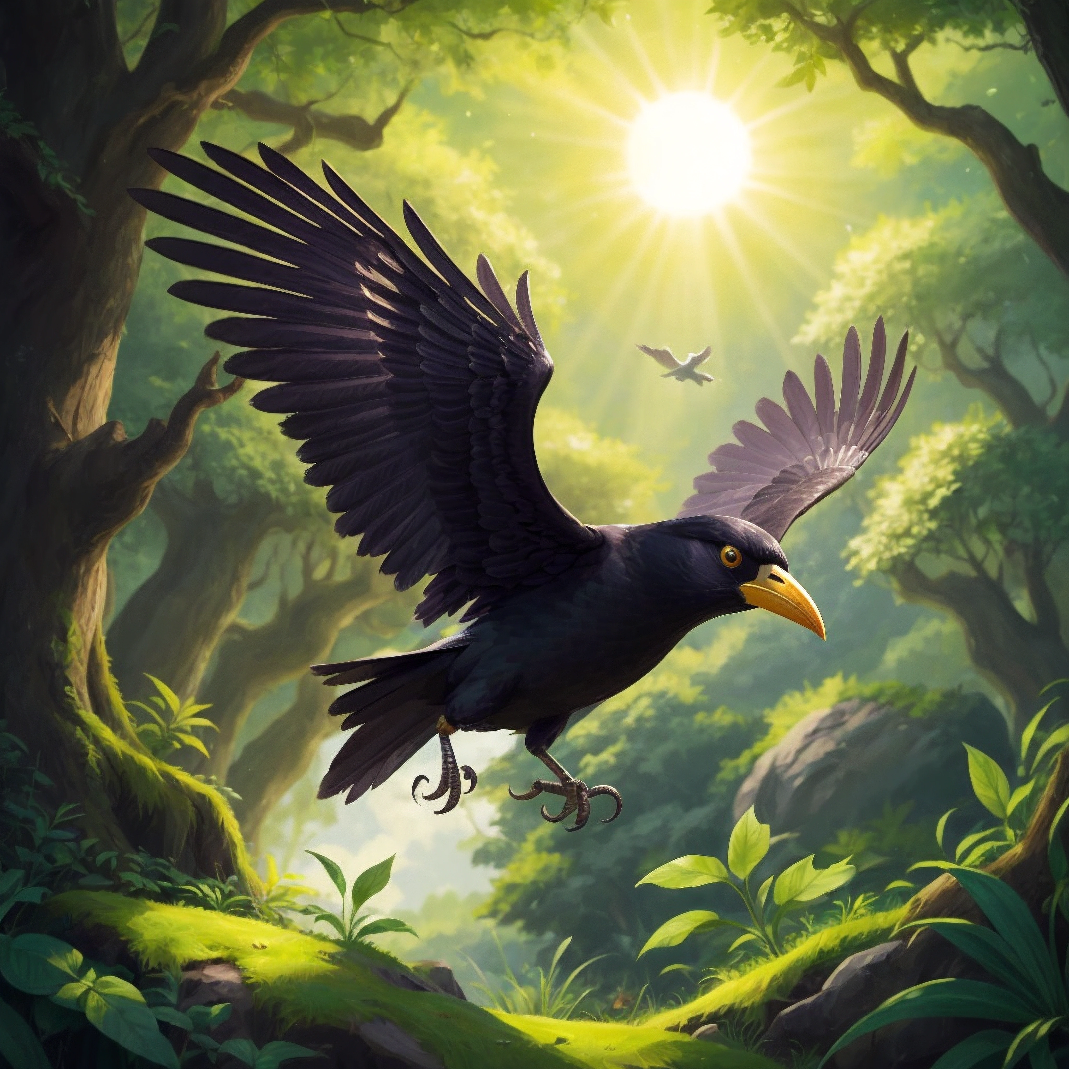 A thirsty crow is flying in the clear sky, its beak wide open